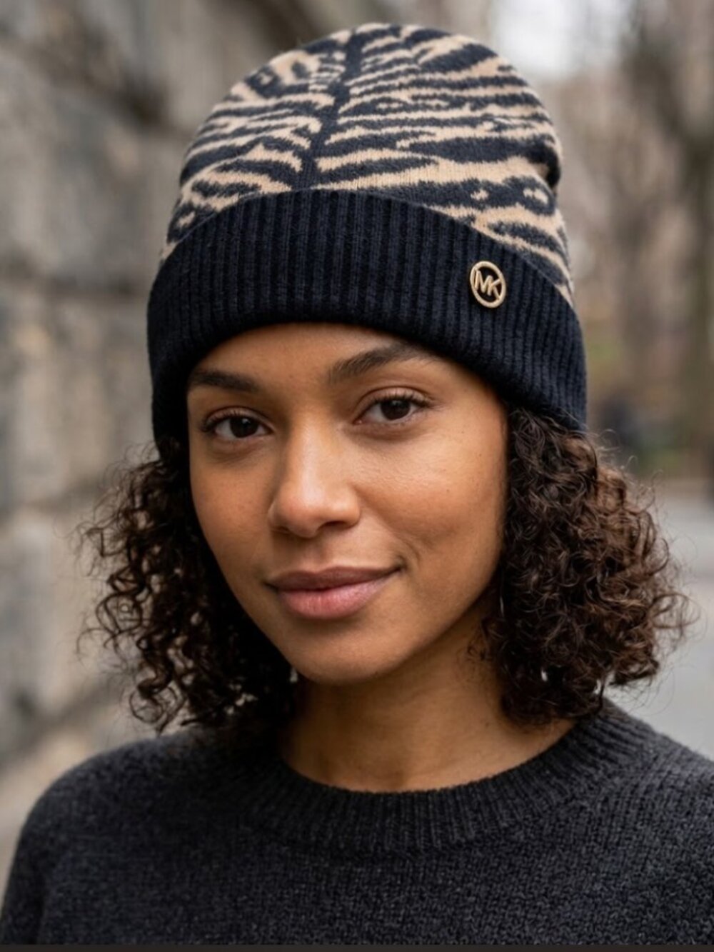 NWT  Michael Kors Women's Animal Print Knit beanie Black Carmel Size One